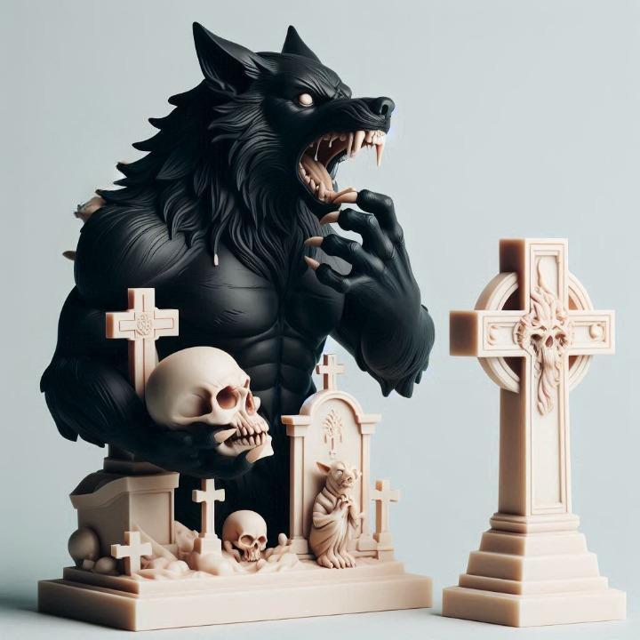 911 Ivory Werewolf Howling with Skull - 3D Model, beast, magic, creature, fantasy, wood, base, sword, warrior, wild, cat, monster, dog, godzilla, fair, witch, werewolf, horror, beast, gothic, troll