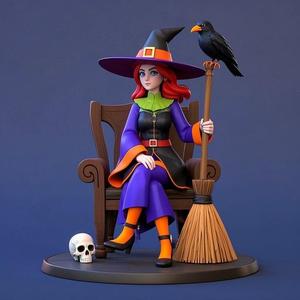 1509 Elegant Witch with Broom, Raven and Skull - Colorful Full-Body Figurine, magic, creature, fantasy, wood, gnome, gorgon, warrior, wild, fox, monster, cat, dog, fair, witch, werewolf, horror, beast, gothic, troll