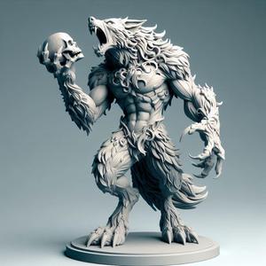 145 Ivory Werewolf Howling with Skull - Minimalist Statue, character, monster, fantasy, art, sculpture, model, animal, 3d model, statue, creature, magic, 3d print, collectible, cat, wood, dragon, sword, base, warrior, wild, dog