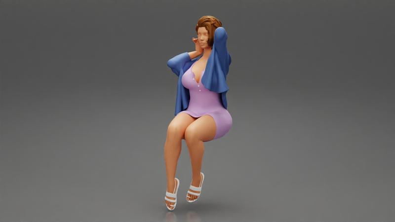 short hair woman in a dress sitting on a chair
