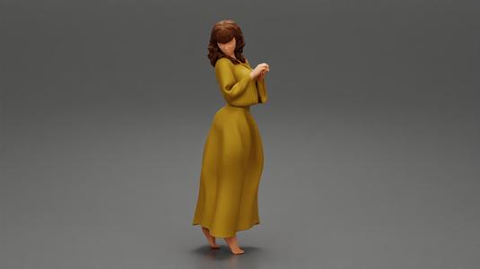 Fashion woman standing in long dress back turned and looking over his shoulder
