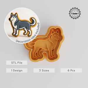 Siberian Husky Cookie Cutter & Stamp Set, Dog Shape Fondant Molds, 3 Sizes, 6 Pieces, Animal Baking Tool