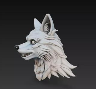 Stylized Wolf Head 3D Model - Fierce Side View Sculpture