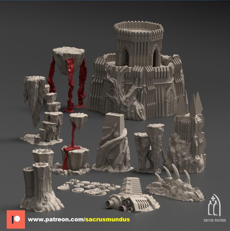 The Daemonic Vortex. 3d Printing Designs Bundle. Chaos / Demon, Buildings, Rocks, Spaceship wreckage. Terrain and Scenery for Wargames