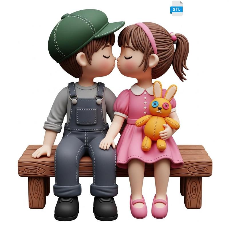 ute Boy and Girl Kissing Figurine STL – Romantic Couple on Bench 3D Model Toy, Love Gift, Home Decor Printable File,3D STL Digital File