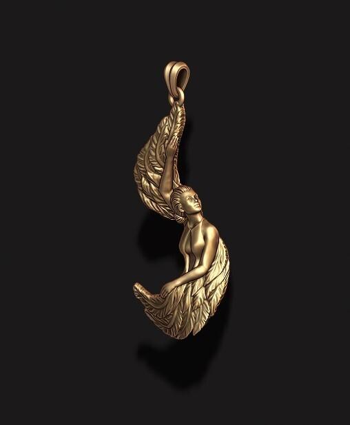 Girl with feather wings pendant v3 3D print model