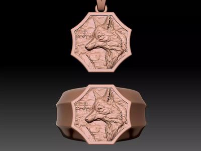 Wolf  man ring and pendant Silver Gold  Print