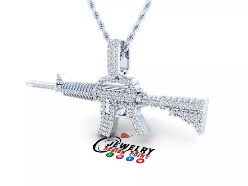 Custom M16 Gun Diamond Pendant - Weapon Diamond Necklace