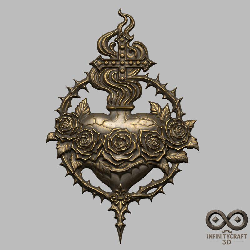 Sacred Heart Cross Relief – 3D Religious Wall Art STL for CNC & Print