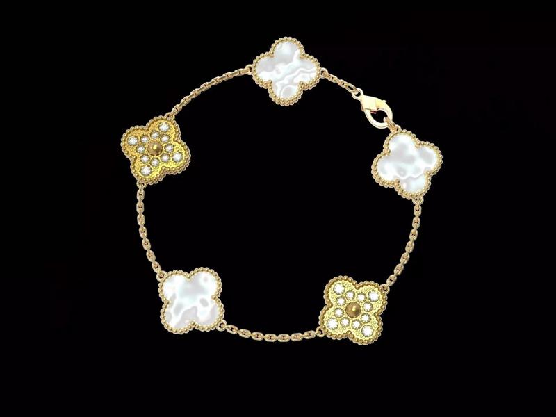 Vintage Flower Bracelet with Mother Of Pearl and Diamond Paved