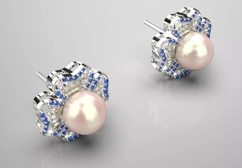Clove design earrings  pearl  diamond sapphire  model pe0050