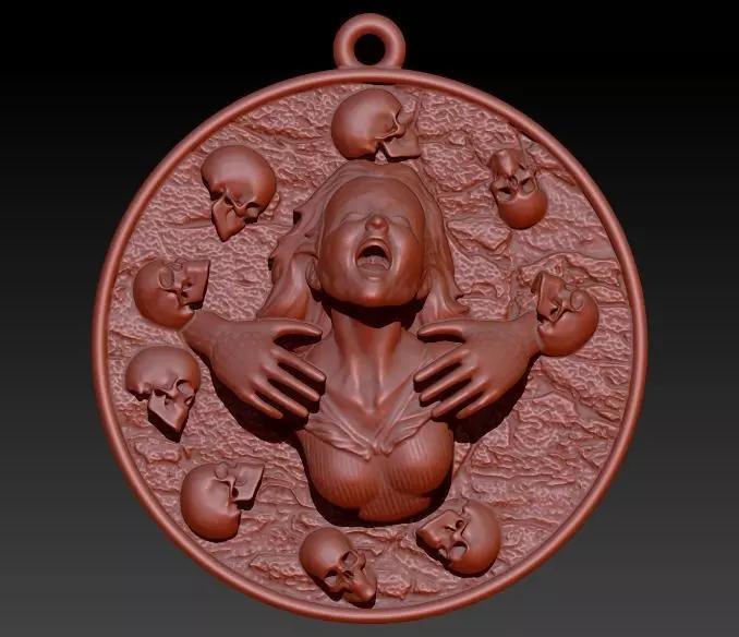 girl head with skulls pendant medallion jewerly