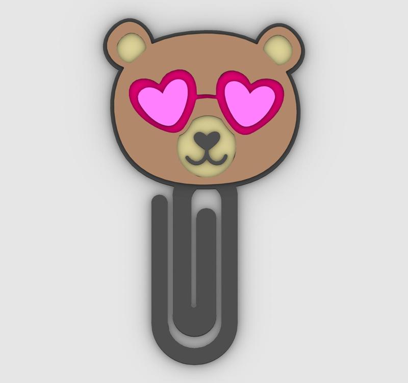 Bear with sunglasses heart - Paper clip, bookmark - 3MF pre-painted , STL