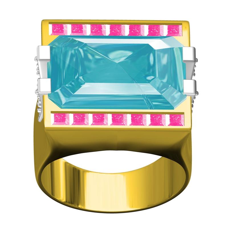 Antique Aquamarine Emerald and Ruby Princess Stone Cocktail Ring