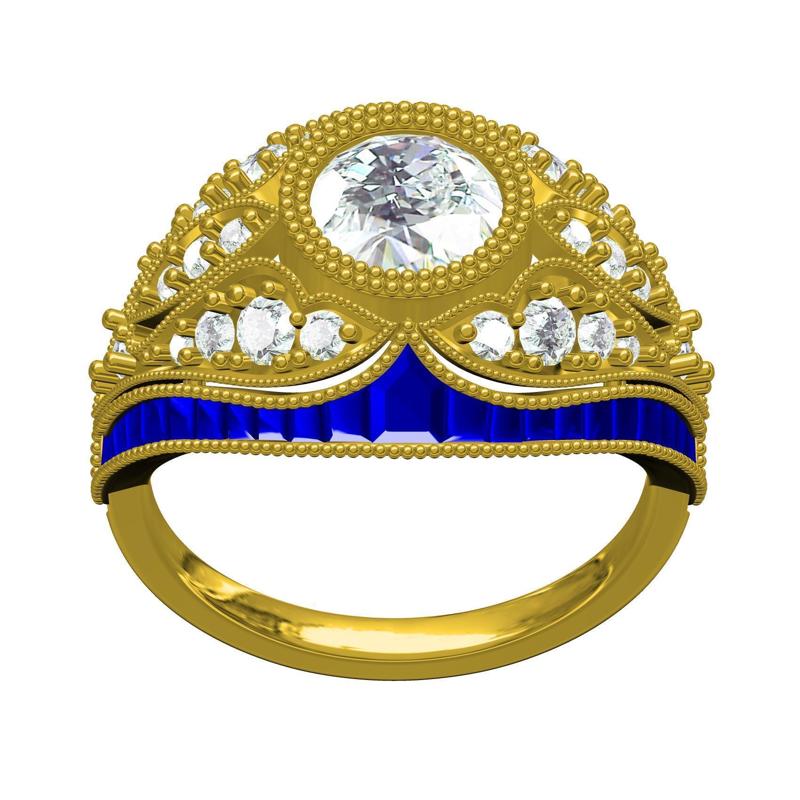 Unique Art Deco Style Diamond and Blue Sapphire Engagement Ring