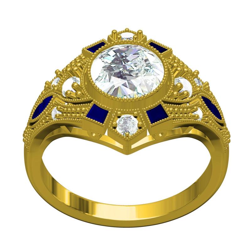 White Round and Blue Sapphire Baguette Art Deco Engagement Ring