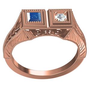 Princess and Round Diamond Engraving Engagement Ring