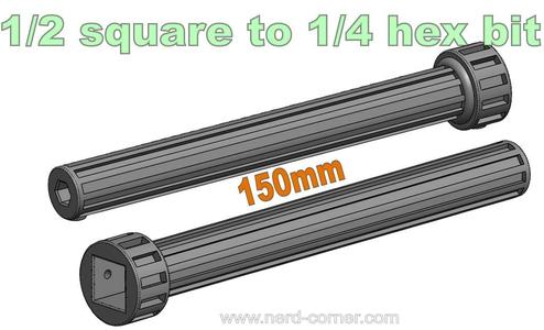 Adapter 1/2 square to 1/4 hex bit 150mm