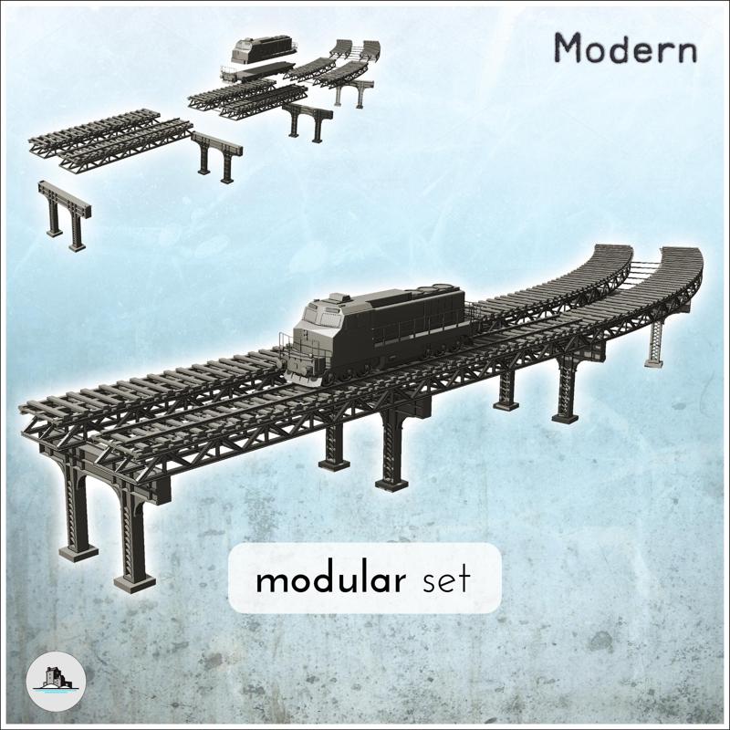 Set of elevated train tracks with modern diesel locomotive (1) - Modern WW2 WW1 World War Diaroma Wargaming RPG Mini Hobby