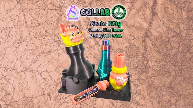 Pirate Kitty Cannon Dice Tower & Fishy Dice Flask - Sassiecat3d Collab - Commercial Use