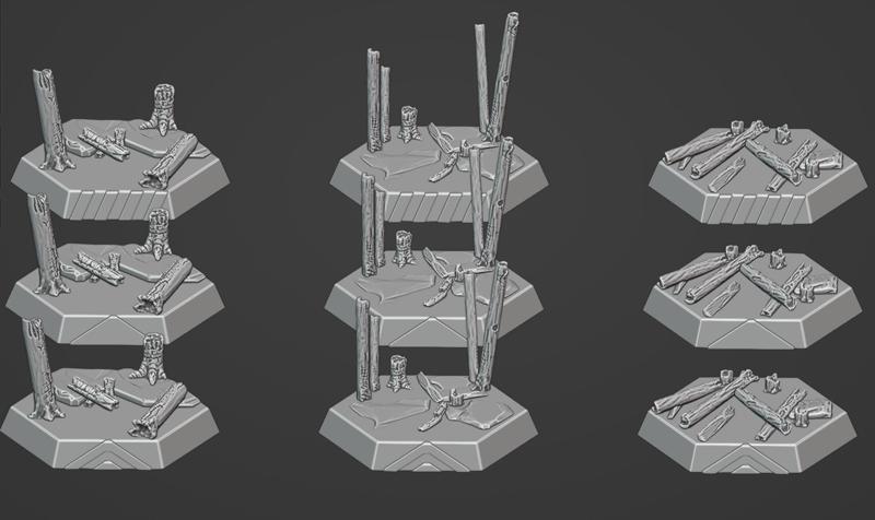 Hex Bases Burned Forest SET 2 with front indicator for battletech etc.