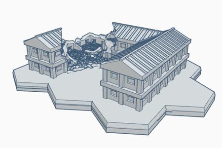 Ruined Military Barracks with Hex Base MilRHB004