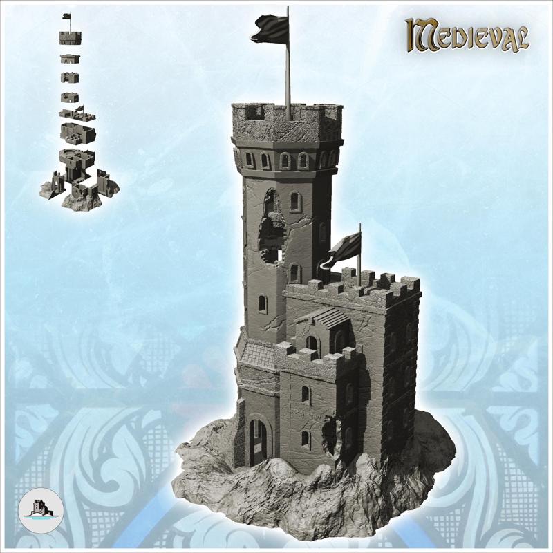 Stone castle with damaged keep and double flags (16) - Medieval Gothic Feudal Old Archaic Saga 28mm 15mm