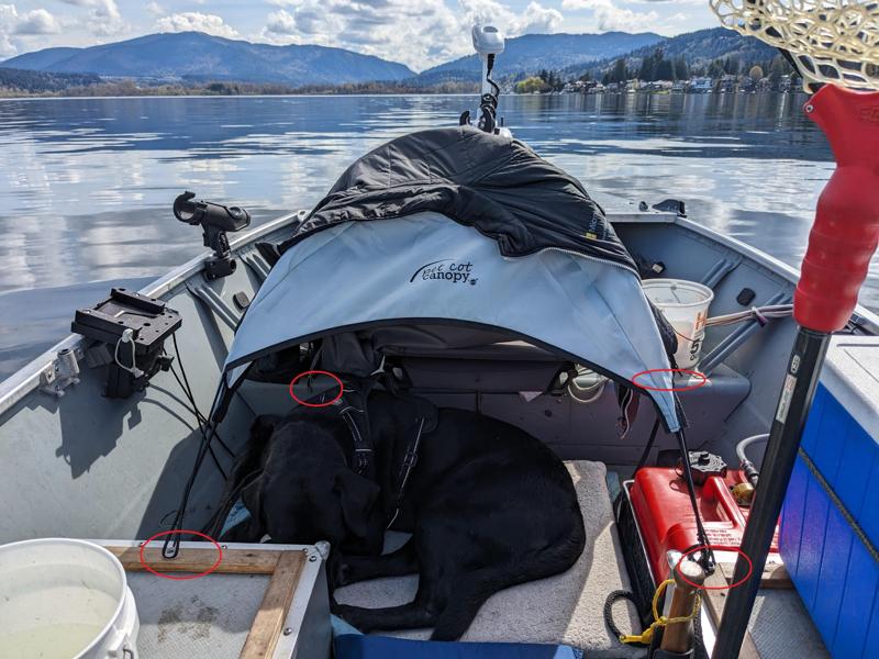 Screw-in, low-profile tent pole bases to mount a K&H Pet Cot Canopy in a boat