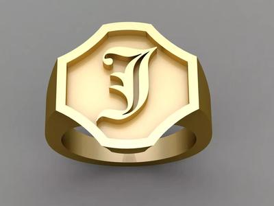 J Letter Solid Gold Signet Ring Monogram Men Ring