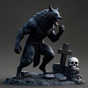 2358 Werewolf Howling with Skull - 3D Model, halloween, magic, dragon, serpent, wood, gnome, gorgon, warrior, wild, fox, monster, cat, fair, witch, werewolf, horror, beast, snake, troll, skeleton dance
