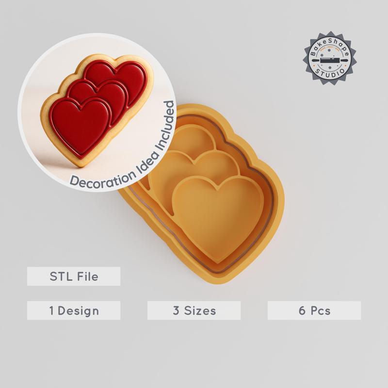 Heart Shape Cutter & Stamp, Cookie & Fondant Set, Love & Romantic Designs, 3 Sizes S/M/L, Collection of 6 Pieces