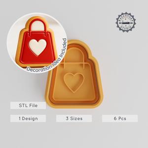 Shopping Bag Shape Cutter & Stamp, Heart Valentine Gift Cookie & Fondant Tool Set, 3 Sizes, S/M/L