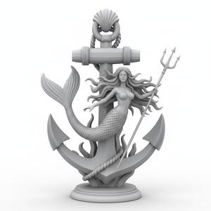 Elegant Siren on Anchor 3D Print Model - Nautical Fantasy Figurine Sculpture STL