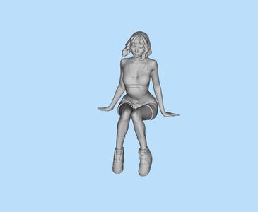 Short-haired girl sitting and smoking character scene model