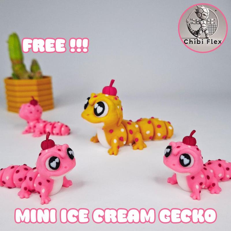 Flexi Mini Ice Cream Gecko | Movable Head Version Included | Print In Place | No Supports