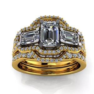 Modern Halo 3 Emerald Cut Stone Anniversary bridal set Rings