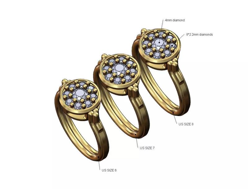 Round diamond cluster bead and rope ring US sizes 6 7 8