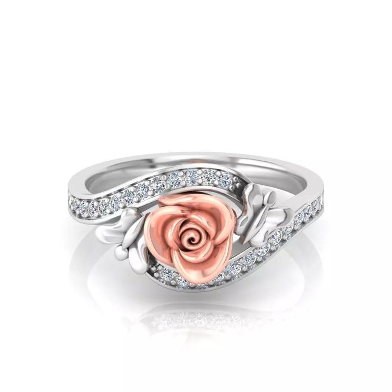 Rose Flower Engagement Ring  Two Tone Gold