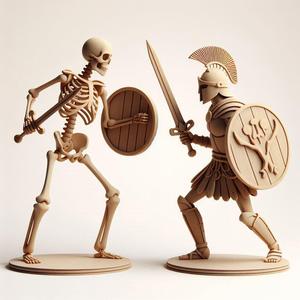 88 Duel of Skeleton and Warrior - 3D-Printed Wooden Statues, fantasy, art, sculpture, model, animal, 3d model, statue, creature, magic, 3d print, collectible, cat, bear, witch, dinosaur, wooden, dragon, knight