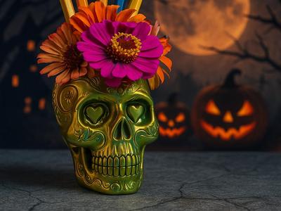 Heart Sugar Skull Flower/Pencil Holder