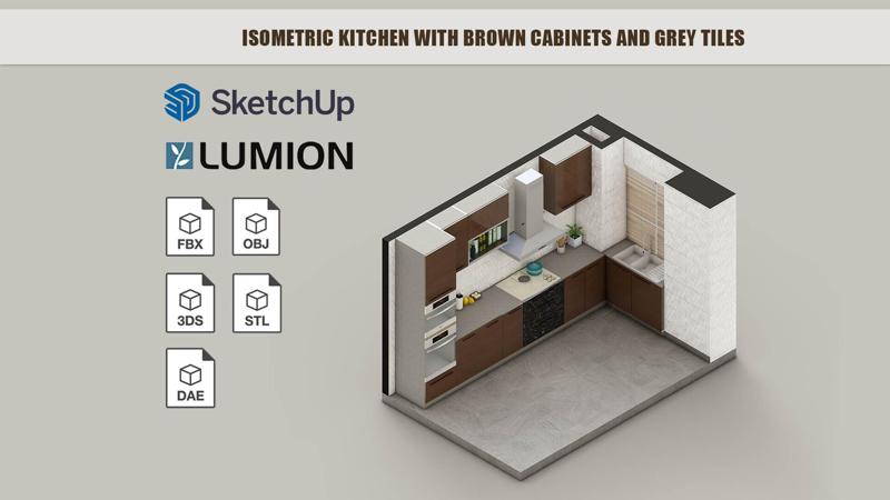 Isometric kitchen with brown cabinets and grey tiles