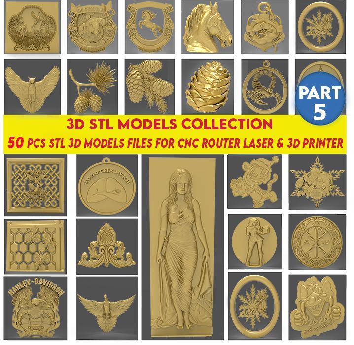 Part 5,50 Pcs 3D STL Models Collection, Wall decor, Stl File For CNC Router Engraver, Carving Machine, Relief, Artcam, Aspire, VCarve....etc