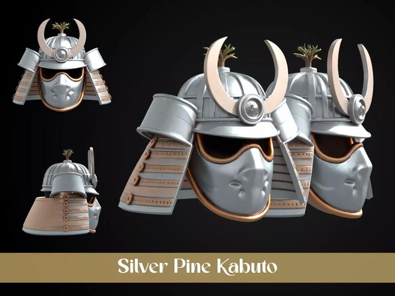 Stylized Samurai Helmet - Silver Pine Kabuto