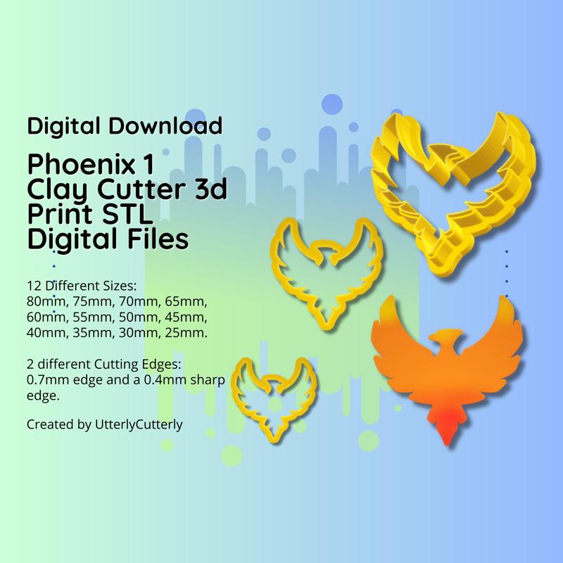Clay Cutter STL File Phoenix - Mythical Bird Fairy Digital File Download- 12 sizes & 2 Cutter Versions, cookie cutter