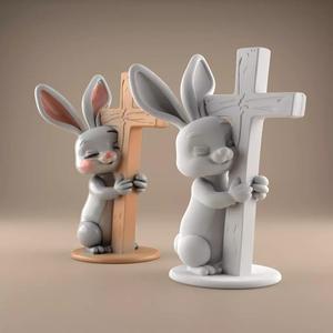 Easter Cute Bunny Hugging a Cross  playful  symbolic 2