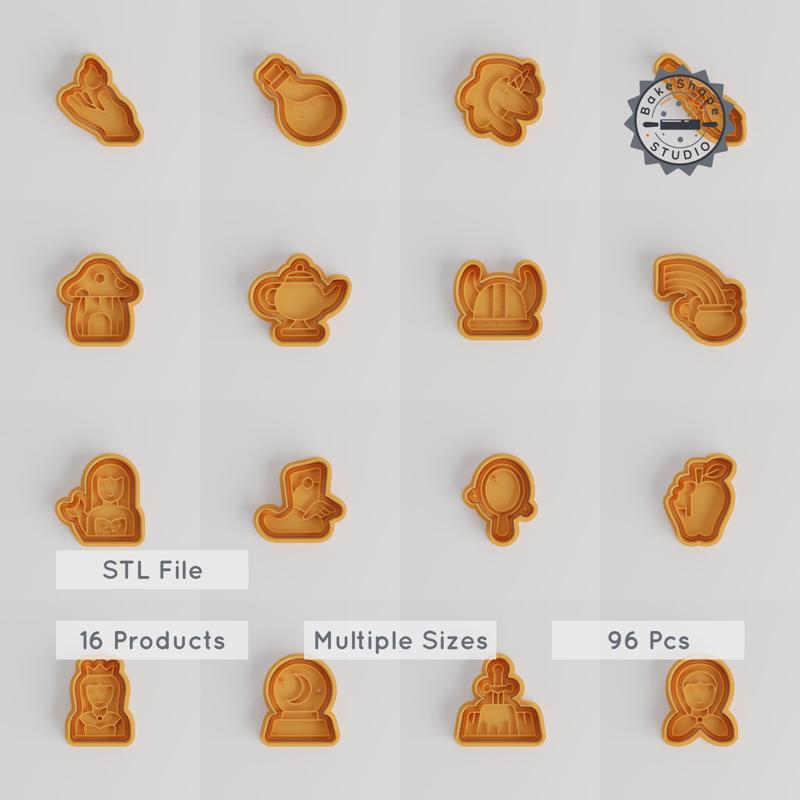 Fairytale Cookie Cutter & Stamp Pack, 96 Pieces, S/M/L Sizes, 16 Unique Designs for Baking & Crafting