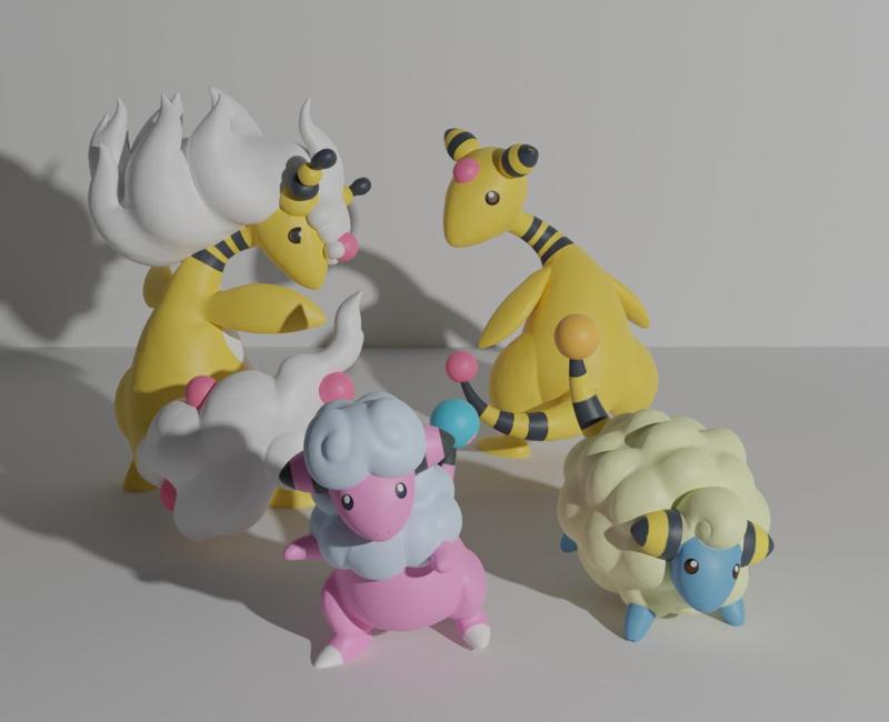 Mareep, Flaaffy, Ampharos and Mega-Ampharos 3D print model
