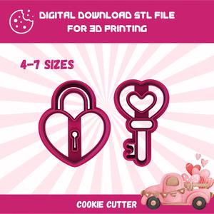 Cutty Clay stl heart key and lock set cookie cutter, 4-7 sizes stl file for 3D printing