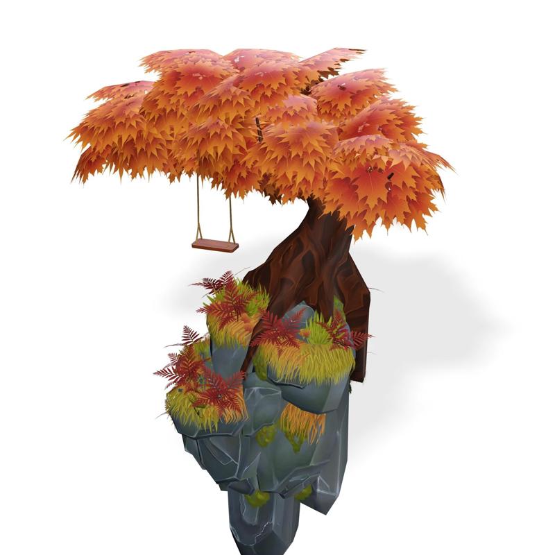 TREE Stylized Hand Painted Scene LAND GRASS GARDEN FURNITURE HOUSE HOME SWING CHILD KID KIDS NATURE ROPE CHILDREN'S PARK