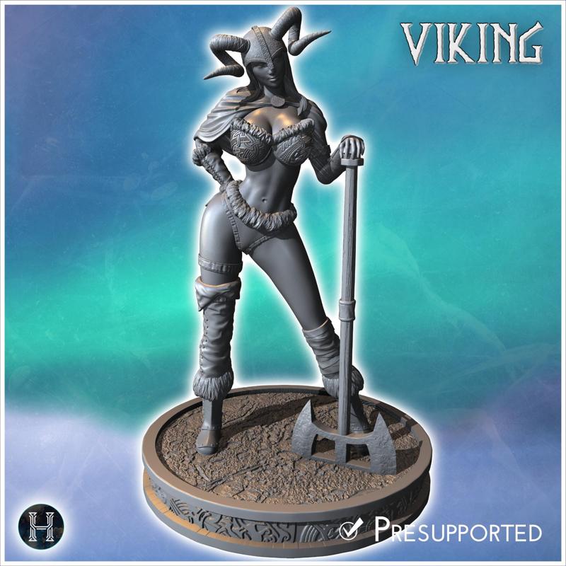 Viking woman holding a large axe, wearing detailed armor and a horned helmet (29) - North Northern Norse Nordic Saga 28mm 15mm Medieval Dark Age